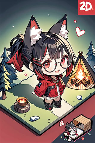 masterpiece, 4K, (isometric: 1.5), (miniature: 1.5), camping, tent, camping set, bonfire, forest, flowers, (deformed, chibi, 2D: 1.5), 1 girl, (solo: 1.5), cute girl with hairpin, loli, (black fox ears: 1.3), animal ear fluff, hairstyle, (black hair: 1.2), (red hair 1.2), (inner hair coloring: 1.3), (short ponytail: 1.2), side locks, (red eyes: 1.3), (round glasses: 1.3), (flat chest), fashion, hood, cat collar, smiling, happy, open mouth, smiling, clear eyes, wide open eyes, heart, break, camping outfit, boots, break, break, dynamic angle, fantasy world, (concept art: 1.2), deformed,Tekeli,Details,Deformed