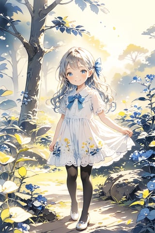 Masterpiece, beautiful details, perfect focus, uniform 8K wallpaper, high resolution, exquisite texture, one girl, solo, long hair, looking at the viewer, blush, smile, bangs, blue eyes, dress, bow, ribbon, standing, hair ribbon, flower, short sleeve, hair ribbon, pantyhose, outdoors, tree, see-through, animal, wavy hair, blue bow, cat, nature, lace trim, lace, forest, too much, watercolor touch