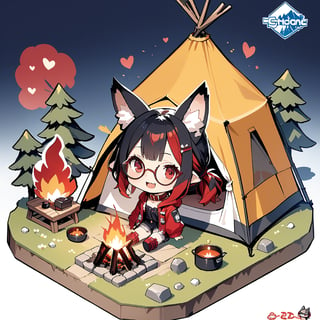 masterpiece, 4K, (isometric: 1.5), (miniature: 1.5), camping, tent, camping set, bonfire, forest, flowers, (deformed, chibi, 2D: 1.5), 1 girl, (solo: 1.5), cute girl with hairpin, loli, (black fox ears: 1.3), animal ear fluff, hairstyle, (black hair: 1.2), (red hair 1.2), (inner hair coloring: 1.3), (short ponytail: 1.2), side locks, (red eyes: 1.3), (round glasses: 1.3), (flat chest), fashion, hood, cat collar, smiling, happy, open mouth, smiling, clear eyes, wide open eyes, heart, break, camping outfit, boots, break, break, dynamic angle, fantasy world, (concept art: 1.2), deformed,Tekeli,Details