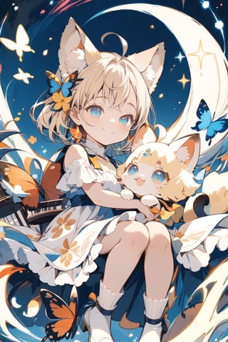 Whimsical fantasy scene: Two chibi-inspired girls share a tender hug amidst a vibrant, swirling vortex of colors. Soft light illuminates blonde-ornamented hair, while short-haired girl's bright blue eyes sparkle with joy. Knee-high socks and flowing dresses cascade down the stairs like a floral waterfall. Butterflies, a curious cat, and musical instruments surround the girls as they sit together, their closed mouths smiling in harmony amidst fluttering petals and elegant white footwear.Deformed,