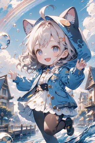 Masterpiece, beautiful details, perfect focus, uniform 8K wallpaper, high resolution, exquisite texture in every detail,
1 girl, solo, long hair, looking at viewer, blushing, smiling, open mouth, bangs, blue eyes, ahoge, long sleeves, hat, dress, jumping, jacket, :d, white hair, pantyhose, boots, outdoors , sky, day, fangs, clouds, Virtual YouTuber, hood, water, chibi, black footwear, blue sky, fur trim, standing on one leg, building, fluffy long sleeves, hooded, bubble, water drop, animal hood, rainbow, animal hat