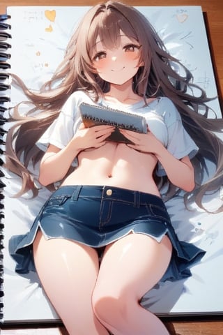 Masterpiece, Top Quality, Aesthetic, (Paint Marker Style: 1.4), ((Sketchbook Illustration of a Girl: 1.7)), Sketchbook, 1 Woman, Solo, Long Hair, Breasts, Looking at Viewer, Blushing, Smiling, Bangs, Brown Hair, Character T-Shirt, Belly Button, Brown Eyes, Medium Bust, Very Long Hair, Mouth Closed, Collarbone, White Shirt, Short Sleeves, Miniskirt, Barefoot, Lying on Back, Legs, Miniskirt, Bare Legs, Traditional Media, Hands Clasped, Denim, T-Shirt, Blue Miniskirt, Denim Miniskirt, Hands on Own Breast, Abdomen,noc-mgptcls