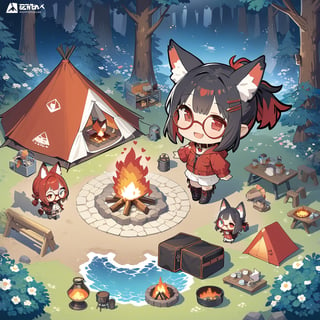 masterpiece, 4K, (isometric: 1.5), (miniature: 1.5), camping, tent, camping set, bonfire, forest, flowers, (deformed, chibi, 2D: 1.5), 1 girl, (solo: 1.5), cute girl with hairpin, loli, (black fox ears: 1.3), animal ear fluff, hairstyle, (black hair: 1.2), (red hair 1.2), (inner hair coloring: 1.3), (short ponytail: 1.2), side locks, (red eyes: 1.3), (round glasses: 1.3), (flat chest), fashion, hood, cat collar, smiling, happy, open mouth, smiling, clear eyes, wide open eyes, heart, break, camping outfit, boots, break, break, dynamic angle, fantasy world, (concept art: 1.2), deformed,Tekeli