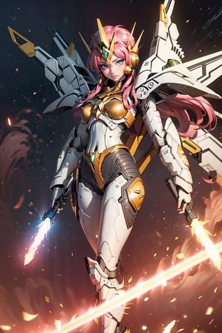 Texture Skin, Super Detail, High Detail, High Quality, Best Quality, High Resolution, 1080p, Beautiful Woman, Android Beauty, Mecha Robot Girl, Battle Mode, Before Going Out, Mecha Girl, Long Pink Hair, 20 Years Old, Pink Ribbon, Big Tits, Gundam Style Near Future Mecha, Full Length Photo, With light_saber, Mechanical Background, Smiling, Perfect Light