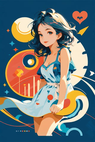 (Amazingly seductive abstract illustration: 1.4), Single girl, Focus on woman, smile,middle of breast, cleavage, (Wearing sundress: 1.3), (Grunge style: 1.2), (Frutiger style : 1.4 ), (Colorful minimalism: 1.3), (Aesthetics of 2004: 1.2), (Beautiful vector shapes: 1.3), ((Text "Cute!": 1.5)), Text block. BREAK Palm trees, clouds, swirls, x \(symbol\), arrow \(symbol\), heart \(symbol\), gradient background, sharp details, supersaturated. BREAK Top quality, detailed and intricate, original artwork, trendy, mixed media, vector art, vintage, award-winning, artint, SFW, gh3a