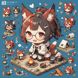 masterpiece, 4K, (isometric: 1.4), (miniature: 1.3), camping, tent, camping set, bonfire, (deformed, chibi, 2D: 1.5), 1 girl, (solo: 1.5), cute girl with hairpin, loli, (black fox ears: 1.3), animal ear fluff, hairstyle, (black hair: 1.2), (red hair: 1.2), (inner hair coloring: 1.3), (short ponytail: 1.2), side locks, (red eyes: 1.3), (round glasses: 1.3), (flat chest), fashion, hood, cat collar, smiling, happy, open mouth, smiling, clear eyes, wide open eyes, heart, break, camping outfit, boots, break, break, dynamic angle, fantasy world, (concept art: 1.3), deformed,Deformed,Tekeli