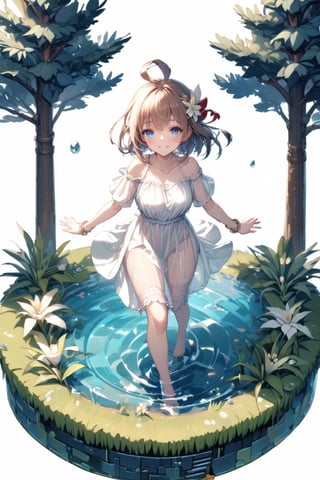 masterpiece,\\,(((Isometric design:1.8))),\\,Simple background,White background,\\,Single girl,Solo,Looking at viewer,Blushing,Smiling,Short hair,Fringe,Brown hair,Hair accessory,Ahoge,Dress,Jewelry,Blue eyes,Standing,Collarbone,Full body,Short sleeves,Outdoors,Barefoot,Daytime,Water,White dress,Bracelet,Tree,See-through,Barefoot,Outstretched arms,Nature,Playing in water,Forest,Outspread arms,See-through silhouette