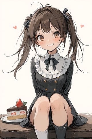 Masterpiece, beautiful details, perfect focus, uniform 8K wallpaper, high resolution, exquisite texture with fine details, one girl, solo, long hair, looking at viewer, blushing, smiling, bangs, simple background, brown hair, dress, frills, bow, holding, twin tails, brown eyes, sitting, heart, food, shoes, socks, striped, black footwear, fruit, brown background, candy, cake, chocolate