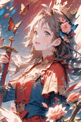 Masterpiece, beautiful details, perfect focus, uniform 8K wallpaper, high resolution, exquisite texture, ((Multiple projection: 2.3)), ((Red theme: 1.1)),
One girl, solo, long hair, ahoge, clear sparkling deep eyes, smile, happiness, open mouth,
Look at the viewer, bangs, headdress, armor, dress, holding, blue eyes, jewelry, weapons, flowers, earrings, wings, sword, flowers in hair, with weapons, petals, float, roses, ((sword holding: 1.5 )), insect, crown, butterfly, pink flower, blue flower, pink rose