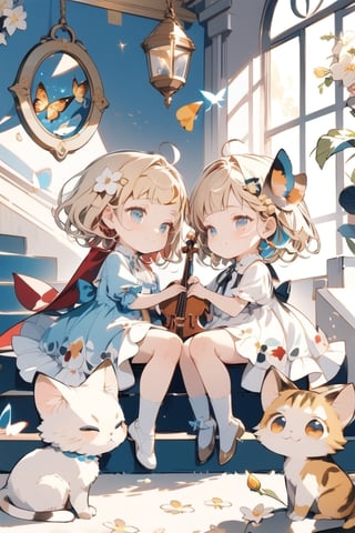 A whimsical masterpiece unfolds as two chibi-inspired girls share a tender hug amidst a kaleidoscope of colors. Blonde-haired girl's hair ornament glints in the soft light, while short-haired girl's piercing blue eyes sparkle with joy. Knee-high socks and flowing dresses cascade down the stairs like a floral waterfall. Fluttering butterflies, a curious cat, and musical instruments surround the girls as they sit together, their closed mouths smiling in harmony. The air is sweet with the scent of flowers, and elegant white footwear adds a touch of refinement to this playful tableau.Deformed,