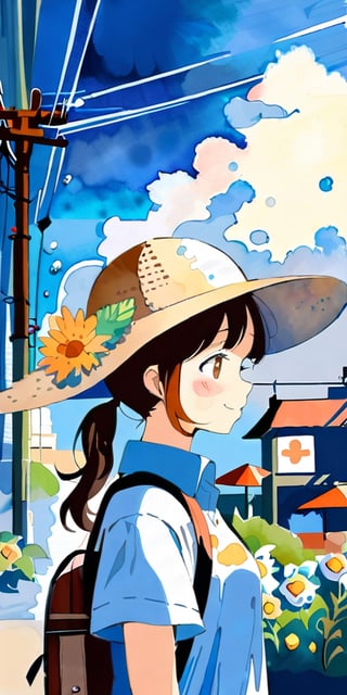 masterpiece, ((watercolor style: 1.5)), ((watson paper: 1.5)), 1 girl, solo, long hair, blushing, smiling, brown hair, shirt, hat, brown eyes, mouth closed, white shirt, upper body, ponytail, flowers, short sleeves, outdoors, sky, daytime, collared shirt, clouds, bag, from the side, blue sky, plaid, profile, sunlight, backpack, blue shirt, plants, wing collar, sun hat, straw hat, flower on hat, shade, dappled sunlight, electric wire, telephone pole,watercolor \(medium\)