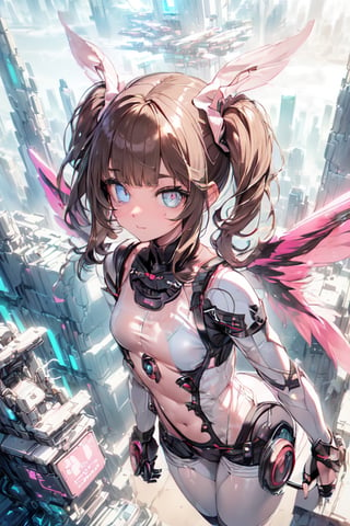 (((Girl in pink and white high-tech bodysuit flying over future city:1.5))), (future city:1.3)), ((brown eyes)) headgear, brown hair, twin tails, smile, (perfect pretty face), (small mechanical wings:1.5)), must piece, super detailed CG, super detailed details,fine -textured, 8K wallpaper, (perfect female figure:1.4), mechanical wings