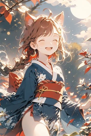 Masterpiece, highest quality, aesthetic, traditional media,
\\character
  1 Girl, Solo, Looking at camera, Blue eyes, Clear eyes, Smile, Happy, Open mouth, (Fluffy cat ears: 1.1), Cheeks, Ahoge, Brown hair, Single braid, (Red inner hair: 1.3 ), (straight bangs: 1.5), ((big red ribbon: 1.5)), (crescent-shaped hair ornament: 1.3), chest, mid-chest, cleavage, crystal earrings,
break
person, long sleeves, mouth closed, standing, flowers, Japanese clothes, wide sleeves, kimono, sash, floating hair, obi, red flowers, wind, branches, black kimono