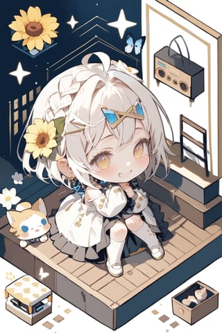 Masterpiece,Score 9,Score 8 Up,Score 7 Up,Score 6 Up,\\,((Isometric Design: 1.7))),\\,((Deformed, Chibi, Two-Headed: 1.5)),\\,Smiling,Short Hair,Fringe,Blue Eyes,Clear Eyes,Multiple Multiple Girls,Blonde Hair,Hair Ornament,Knee Socks,Dress,Hugging,Two Girls,Sitting,Mouth Closed,Yellow Eyes,Flower,White Hair,Sleeves Off,Flower in Hair,Chibi,White Dress,Cat,White Footwear,Insect,Butterfly,Musical Instrument,Short Hair with Long Hair,Stairs,Deformed