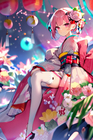 masterpiece,1girl, solo, looking at viewer, blush, short hair, bangs, hair ornament, thighhighs, long sleeves, sitting, pink hair, flower, japanese clothes, hair flower, pink eyes, kimono, star \(symbol\), obi, floral print, colorful