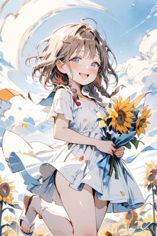 masterpiece, top quality, aesthetic, (watercolor style: 1.4), one girl, solo, long hair, looking at viewer, cowboy shot, blushing, smiling, happy, open mouth, brown hair, dress, holding in hand, standing, pink hair, braids, flowers, short sleeves, outdoor, blue clear eyes, sky, teeth, daytime, puffy sleeves, clouds, white dress, twin braids, blue sky, puffy short sleeves, petals, sandals, standing on one leg, ;d, sunflower, sunflower field, holding bouquet, field,Deformed