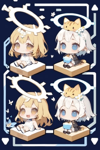 Masterpiece,Score 9,Score 8 Up,Score 7 Up,Score 6 Up,\\,((Isometric Design: 1.7))),\\,((Deformed, Chibi, Two-Headed: 1.5)),\\,Smiling,Short Hair,Fringe,Blue Eyes,Multiple Girls,Blonde Hair,Hair Ornament,Knee Socks,Dress,Hugging,Two Girls,Sitting,Mouth Closed,Yellow Eyes,Flower,White Hair,Sleeves Off,Flower in Hair,Chibi,White Dress,Halo,Cat,White Footwear,Insect,Butterfly,Musical Instrument,Short Hair with Long Hair,Stairs,Deformed