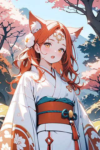A stunning ukiyo-e inspired masterpiece! A radiant redhead, adorned with animal ears and a kimono featuring intricate patterns of pink and orange flowers, stands amidst a lush tree backdrop. Her long sleeves billow as she gazes directly at the viewer, her blushing cheeks and open mouth conveying a sense of bashfulness. The beautiful details are perfectly in focus, showcasing the exquisite texture of her odango hair, double obi, and patterned sandals. A delicate floral arrangement adorns her bangs, adding to the overall whimsical charm.amaterasu,kawaiitech