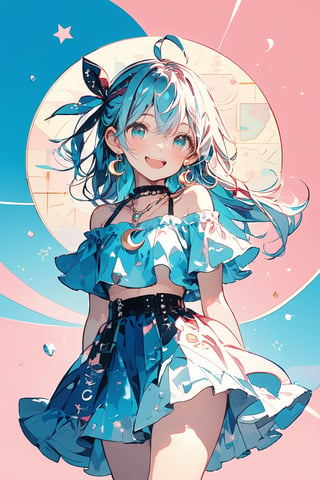 masterpiece, top quality, high quality, exquisite, beautiful, background, girl, dancer, fantasy map, happy, glad, fun, blissful, cheerful, smiling, laughing, cheerful smile, wink, dancing, looking at viewer, front view, ahoge, hair between the eyes, blunt bangs, half up, long hair, light blue hair, blue eyes, shiny skin, tall, curvy, skinny, idol, ruffled clothing, off-the-shoulder top, hair ribbon, earrings, necklace, pink background, cute, kawaii punk, anime poster, main artwork, flat illustration, heart shape, star shape, crescent shape, hard edges, soft surfaces, doodle, embossed paper, cowboy shot, front view, dutch angle shot, cowboy shot, golden ratio, leaping figure composition, sharp, double exposure, bloom, studio lighting, cinematic lighting, tilt-shift lens, shallow depth of field, dramatic contrast, pastel colors,Deformed,glitter,emo,dal-6 style