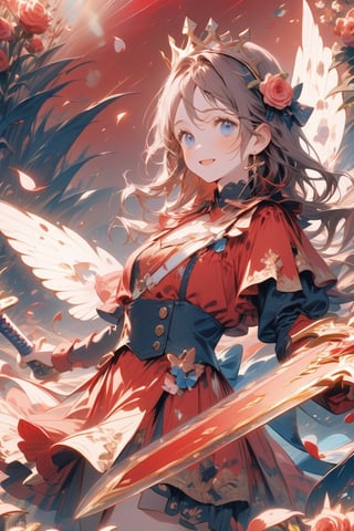 Masterpiece, beautiful details, perfect focus, uniform 8K wallpaper, high resolution, exquisite texture, ((Multiple projection: 2.3)), ((Red theme: 1.5)),
One girl, solo, long hair, ahoge, clear sparkling deep eyes, smile, happiness, open mouth,
Look at the viewer, bangs, headdress, armor, dress, holding, blue eyes, jewelry, weapons, flowers, earrings, wings, sword, flowers in hair, with weapons, petals, float, roses, ((sword holding: 1.5 )), insect, crown, butterfly, pink flower, blue flower, pink rose