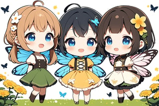 Masterpiece, beautiful details, perfect focus, uniform 8K wallpaper, high resolution, exquisite texture in every detail,score_6_up,
((deformed, chibi, two-headed, emo: 1.5)), long hair, blushing, smiling, short hair, open mouth, bangs, blue eyes, clear eyes, (multiple girls 1.2), brown hair, black hair, hair ornament, simple background, white background, dress, pigtails, mouth closed, standing, braids, flower, ahoge, short sleeves, :d, wings, puffy sleeves, hair flower, from the side, puffy short sleeves, profile, blue dress, ((5 or more girls: 1.5)), low pigtails, arms folded behind back, light brown hair, bug, butterfly, pink dress, green dress, mini girl, yellow flower, fairy wings, fairy, yellow dress, butterfly wings,Deformed