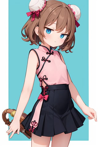 cute, (masterpiece), (best quality), thin, Flatchested, 1 female, solo, brown hair, short hair, (bun hair) , blue eyes, fantai12, (black skirt), (pink cheongsam), (messy hair), (red bow),fantai12, expression