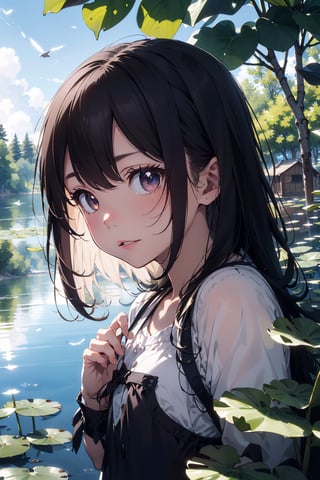 (extremely detailed CG unity 8k wallpaper),(((masterpiece))), (((best quality))), ((ultra-detailed)), (best illustration),(best shadow), twin girls, half demon, half human ((an extremely delicate and beautiful)),dynamic angle, close-up of a small house by the lake, beautiful sunny summer day, water lilies in the lake blooming, lush plants, sunlight shining through the white clouds, bold colors, fairy tale, fantasy,wind,classic, (detailed light),feather, nature, (sunlight),beautiful and delicate water,(painting),(sketch),(bloom),(shine), high resolution, high contrast ratio, high detail, high texture, texture surreal high quality figure, ultra high quality, golden ratio, infernal scenary,breakdomain