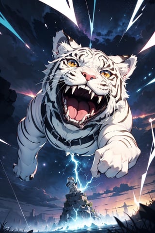 masterpiece, best quality, white tiger, angry roar espression, feline, flat color, oil painting style, electricity on body, top of mountain, cinematic light, high_res, high definition, purple lightning, high ratio