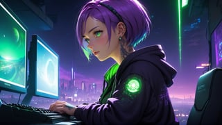 1female,2 hands, sexy eyes, short hair, white/purple hair, large breasts:1.4, gorgeous breasts, tattoo on neck,light green eyes,High detailed ,game room concept,playing at computer,hacking, purple lights, light green lights, profile view,black hoodie,hood raised with hair visible,soft lights, window city lights background, night_time outside,night_sky, planets,stars, dark atmosphere, cyberpunk room, cyberpunk lights,neck tattoo,
,Futuristic room, left hand on keyboard, right hand on mouse,anime