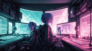 1female,2 hands, sexy eyes, short hair purple hair with white tufts, short braids, cap, large breasts:1.4, gorgeous breasts, tattoo on neck,electric pink eyes,High detailed ,game room concept,playing at computer,hacking, purple lights, light green lights, profile view,black hoodie,hood raised with hair visible,soft lights, window city lights background, night_time outside,night_sky, planets,stars, dark atmosphere, cyberpunk room, cyberpunk lights,neck tattoo,  gaming chair, gaming computer desktop
,Futuristic room, left hand on keyboard, right hand on mouse,anime,realism