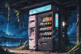 painting of dystopian future, solo working vending machine, ruins, flickering lights, dark, night time, anime background art, relaxing concept art, anime scenery concept art, ghibli studio style, environment painting,EpicSky,