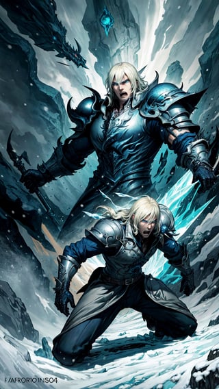 the Lich King((men)), by Hajime Isayama, digital art, fantasy character, dark fantasy, armor, menacing pose, icy background, detailed illustration, epic battle, cold blue tones, intricate design, fearsome expression --v 4 --q 2 --stylize 1000,snow villiers