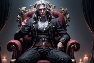 masterpiece,best quality,ultra-detailed,High detailed,picture-perfect face,man,manly,black hair,confident,arrogant,long hair,curly hair,red glowing eyes,fangs,dracula,castlevania,konami,infront of gothic castle,red and black vamiper attire,ornate and intricate,gold trim,belt,epic pose,fantasy,town,1male,draculacastlevania
on his gothic throne,alucardcastlevania,DonMDj1nnM4g1cXL 