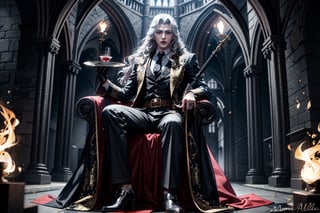 masterpiece,best quality,ultra-detailed,High detailed,picture-perfect face,full-body:1.6,((rule_of_thirds_BREAK_full_body)),1male,manly,silver hair,confident,arrogant,long hair,curly hair,red glowing eyes,fangs,dracula,castlevania,konami,infront of gothic castle,red and black vamiper attire,ornate and intricate,gold trim,belt,epic pose,fantasy,town,draculacastlevania
on his gothic throne,alucardcastlevania,DonMDj1nnM4g1cXL ,More Detail