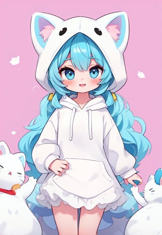 (masterpiece, best quality, highres:1.3), ultra resolution image, (1girl), (solo), kawaii, accessories, gleaming blue hair, (white kitty hoodie:1.5), cat themed, ears on hood, unique, (cute background:1.5), pastel shades, fluffy clouds, (relaxed atmosphere:1.3), soft, minimalistic style, (focus on character:1.4), adorable, dreamy, cat tower, magical, colorful, smile, happy