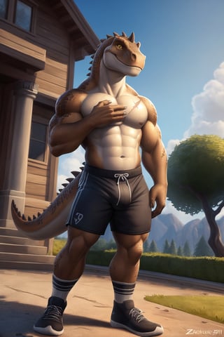 , Dinosaur,T-Rex, Yellow sclera,  (pose:1.3), (posing:1.3), (soft shading), 4k, hi res, five fingers, detailed hands, ((detailed face, (detailed eyes:1.3), detailed)), (full body), fortnite style, by zackarry911, by zaush, (by personalami:0.5) solo, looking at viewer, smile, Detailed background, no shirt, 1boy, Pre-Historic background, Standing, full body,(Big dino, Bara Body, Big body),Muscle Body, male focus, shorts,Soccer shorts, Black shorts,Bulge, Tail, Brown Hair in chest, Brown and soft black scalie, Scar in snout, Sweat, Soccer Socks, Uniform soccer