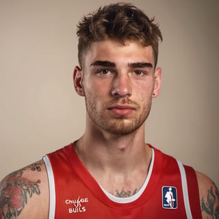 picture of a 20 years old boy, handsome, basketball player, sweaty, tattoos, wearing red basketball jersey, chicago bulls, NBA, caucasian, athlete, hot, thick eyebrows, varsity, stubble, scruffy hair, Chad,

8k, 4k, cinematic lighting, very dramatic, very artistic, soft aesthetic, realistic, masterpiece, ((perfect anatomy): 1.5), best resolution, maximum quality, UHD, life with detail, analog, cinematic moviemaker style