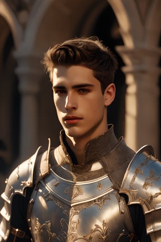 ((white knight)), a handsome man in a High Gothic silver metal plate armor in a beautiful ornemental, (((marlon teixera))), ethereal, holy, shiny, youthful, pale skin, short black hair with bangs, thick eyebrows, soft, mythology, medieval, fantasy, young, alpha male, hot, masculine, manly, dark fantasy, 80s fantasy, high fantasy, white armor, defined jawline, crooked nose, hot, outdoors (in a grassland filled with roses and ruins), medieval armor, art by wlop, handsome male, facing in front (portrait close-up), renaissance painting, realistic, photorealistic, 8k, cinematic lighting, hades armor, very dramatic, European man, soft aesthetic, innocent, art by john singer sargent, greg rutkowski, handsome Italian,medieval armor