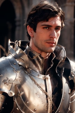 ((white knight)), a handsome man in a High Gothic silver metal plate armor in a beautiful ornemental, ((True Silver)), (((marlon teixera))), short black hair with bangs, outdoors (in a grassland filled with roses and ruins), ethereal, white aura, shiny, youthful, pale skin, thick eyebrows, soft, mythology, medieval, fantasy, young, alpha male, hot, masculine, manly, dark fantasy, 80s fantasy, high fantasy, white armor, defined jawline, crooked nose, hot, , medieval armor, art by wlop, handsome male, facing in front (portrait close-up), renaissance painting, realistic, photorealistic, 8k, white cinematic lighting, hades armor, very dramatic, European man, soft aesthetic, innocent, art by john singer sargent, greg rutkowski, handsome Italian,medieval armor