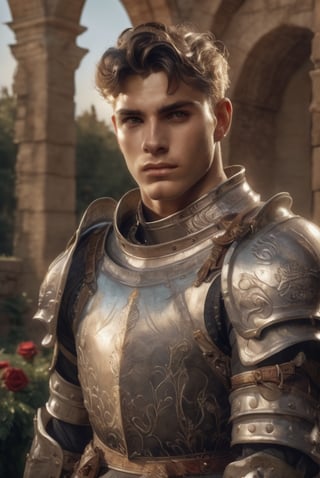 white knight: a handsome man in a High Gothic silver metal plate armor in a beautiful ornemental, ethereal, holy, shiny, youthful, pale skin, short black hair, thick eyebrows, soft, mythology, medieval, fantasy, young, alpha male, hot, masculine, manly, dark fantasy, 80s fantasy, high fantasy, white armor, defined jawline, crooked nose, hot, outdoors (in a grassland filled with roses and ruins), medieval armor, art by wlop, handsome male, facing in front (portrait close-up), renaissance painting, realistic, photorealistic, 8k, cinematic lighting, hades armor, very dramatic, European man, soft aesthetic, innocent