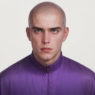 gabber, 1 handsome male, hot, skinhead, thick eyebrows, berlin, Rotterdam, purple jumpsuit, scrawny, piercing, Thunderdome, 1990s, 32K, HQ, realistic, photorealistic, cinematic lighting, portrait, white background, photography