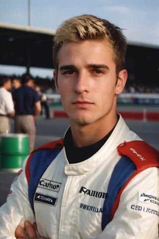 30 years old man, f1 racer, wearing nomex suit, handsome, thick eyebrows, blonde, hairy, crooked nose, cute, 1990s, 17 years old, varsity, ted colunga, f1

8k, cinematic lighting, very dramatic, very artistic, soft aesthetic, innocent, realistic, masterpiece, Camera settings to capture such a vibrant and detailed image would likely include Canon EOS 5D Mark IV, Lens 85mm f/1.8, f/4.0, ISO 100, 1/500 sec,hdsrmr, cinema verite, film still, ((perfect anatomy): 1.5), best resolution, maximum quality, UHD, life with detail, analog, cinematic moviemaker style, AnalogRedmAF