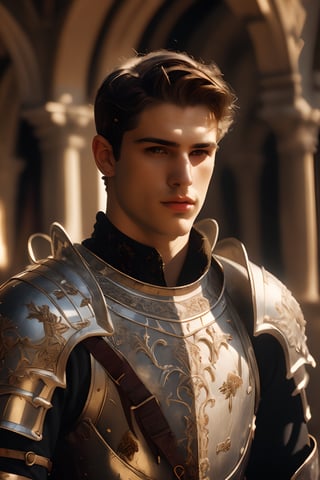 ((white knight)), a handsome man in a High Gothic silver metal plate armor in a beautiful ornemental, (((marlon teixera))), short black hair with bangs, outdoors (in a grassland filled with roses and ruins), ethereal, holy, shiny, youthful, pale skin, thick eyebrows, soft, mythology, medieval, fantasy, young, alpha male, hot, masculine, manly, dark fantasy, 80s fantasy, high fantasy, white armor, defined jawline, crooked nose, hot, , medieval armor, art by wlop, handsome male, facing in front (portrait close-up), renaissance painting, realistic, photorealistic, 8k, white cinematic lighting, hades armor, very dramatic, European man, soft aesthetic, innocent, art by john singer sargent, greg rutkowski, handsome Italian,medieval armor,