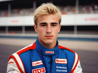 (20 years old man, f1 racer, wearing blue and white nomex suit, handsome, thick eyebrows, blonde, hairy, crooked nose, cute, freckles, 1990s, young, varsity, ted colunga, branded nomex suit, scruffy face, open-wheel single-seater formula racing cars, stadium, Charles Leclerc)

8k, cinematic lighting, very dramatic, very artistic, soft aesthetic, innocent, realistic, masterpiece, hdsrmr, cinema verite, film still, ((perfect anatomy): 1.5), best resolution, maximum quality, UHD, life with detail, analog, cinematic moviemaker style,Movie Still