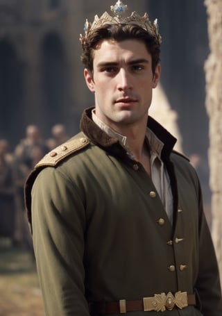 a young handsome prince wearing military royal outfit with armor, wearing a jeweled crown, ((young sean o pry)), outdoors (dark age, war setting, kingdom village), medieval hero, regal style coat, (royal commander attire:0.4), royalty, victorean era, ethereal, manly, hairy, chest hair, youthful, stubble, 18 years old, envious, shiny, heroic, pale skin, defined jawline, crooked nose, hot, captain, lustful, masculine, mythology, medieval, fantasy, young, alpha male, handsome male, high fantasy, art by wlop, facing in front (portrait close-up), renaissance painting, masterpiece, realistic, photorealistic, 8k, cinematic lighting, very dramatic, very artistic, soft aesthetic, innocent, art by john singer sargent, greg rutkowski,Masterpiece