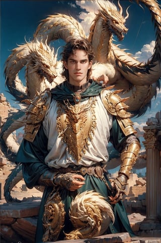 Golden knigh with a pet dragon: a handsome man in a High Gothic gold metal plate armor in a beautiful ornemental, ethereal, holy, shiny, youthful, pale skin, short black hair, thick eyebrows, soft, with a scary dragon behind, mythology, medieval, fantasy, young, alpha male, hot, masculine, manly, dark fantasy, 80s fantasy, high fantasy, gold armor, defined jawline, crooked nose, hot, outdoors (in a stone mountain with a depressed sky), medieval armor, art by wlop, handsome male, facing in front (portrait close-up), renaissance painting, realistic, photorealistic, 8k, cinematic lighting, hades armor, very dramatic, European man, soft aesthetic, innocent, dragon-themed