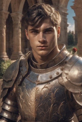 white knight: a handsome man in a High Gothic plate metal armor in a beautiful ornemental, ethereal, holy, shiny, youthful, pale skin, short black hair, thick eyebrows, soft, mythology, medieval, fantasy, young, alpha male, hot, masculine, manly, dark fantasy, 80s fantasy, high fantasy, white armor, defined jawline, crooked nose, hot, outdoors (in a grassland filled with roses and ruins), medieval armor, art by wlop, handsome male, facing in front (portrait close-up), renaissance painting, realistic, photorealistic, 8k, cinematic lighting, hades armor, very dramatic, European man, soft aesthetic, innocent