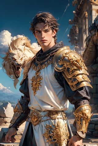 Golden knight: a handsome man in a High Gothic gold metal plate armor in a beautiful ornemental, ethereal, holy, shiny, youthful, pale skin, short black hair, thick eyebrows, soft, with a scary dragon behind, mythology, medieval, fantasy, young, alpha male, hot, masculine, manly, dark fantasy, 80s fantasy, high fantasy, gold armor, defined jawline, crooked nose, hot, outdoors (in a stone mountain with a depressed sky), medieval armor, art by wlop, handsome male, facing in front (portrait close-up), renaissance painting, realistic, photorealistic, 8k, cinematic lighting, hades armor, very dramatic, European man, soft aesthetic, innocent, thedragon