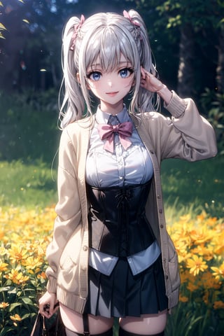 (Top Quality, Masterpiece, Top Quality, Super Detail, High Resolution, HDR, Unity 8K Wallpaper, High Definition CG, Beautiful Details, Depth, Fine Grain, Super Fine, Vivid)), Style by Epic Seven, Detailed Eyes, Dark Gray Eyes, hair accessories, break, ((shining white hair, inner color pink)), (two-tone color of red and blue), ((choose one from low twin tails, side ponytails, or braided bangs)), super long hair, high resolution Hair, Facial Details, Pink Lip, (Happy Smile), Accessories, ((Y2K Uniform) )), ((Cardigan)), Y2K Gothic Cardigan, ((Detailed Embroidered Corset Tops)), Blake, ((Pleated Mini) Skirt)), (Stocking Detail), D Cup, Blake, (( (Cute Pose Change))), Very Bright Colors, Light Particles, Glowing Lights, Cowboy Shots, Detailed Meadows and Flower Fields, Additional Details, y2k cosplay, 1 girl