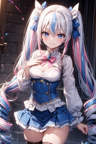 1 girl, solo, long hair, chest, looking at viewer, blush, smile, bangs, blue eyes, skirt, long sleeves, bow, twintails, medium breasts, very long hair, white hair, blue hair, pink hair , buttocks, gray hair, multicolored hair, two-tone hair, drill hair